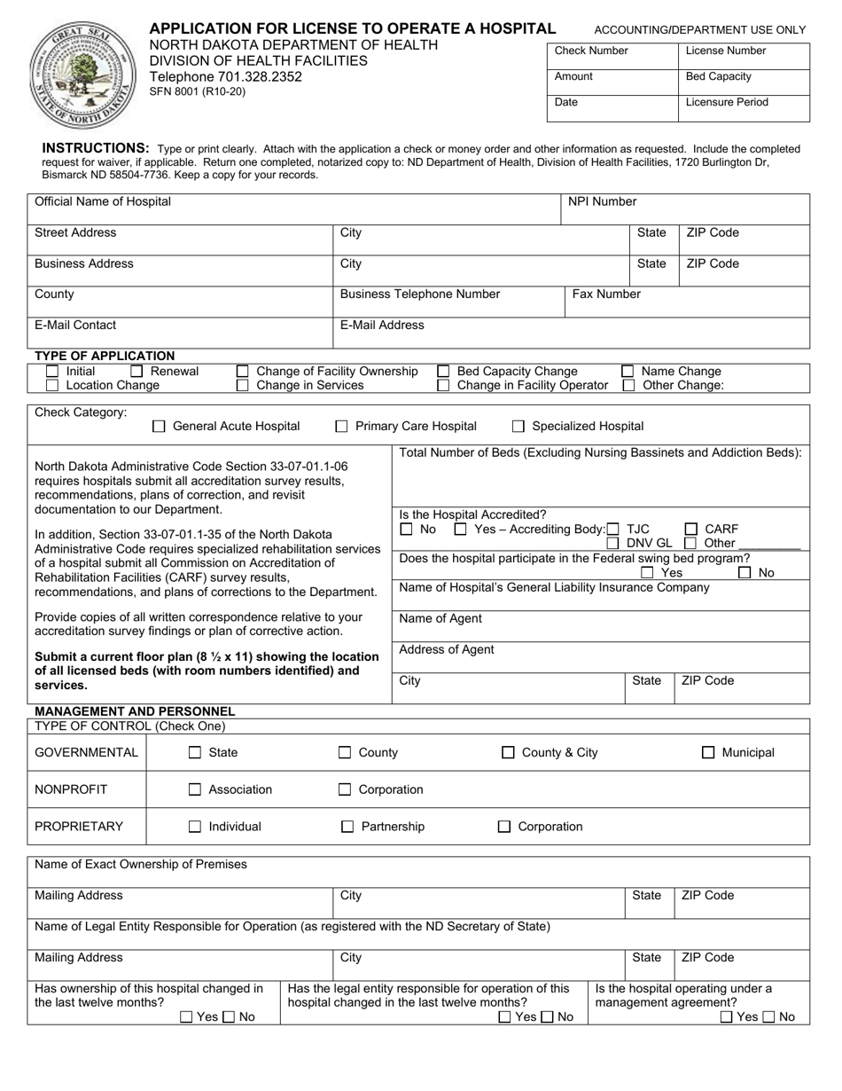 Form SFN8001 Application for License to Operate a Hospital - North Dakota, Page 1