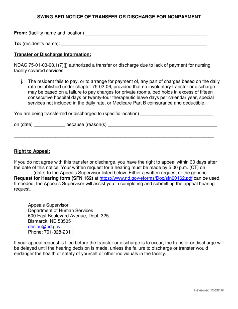 Swing Bed Notice of Transfer or Discharge for Nonpayment - North Dakota, Page 1