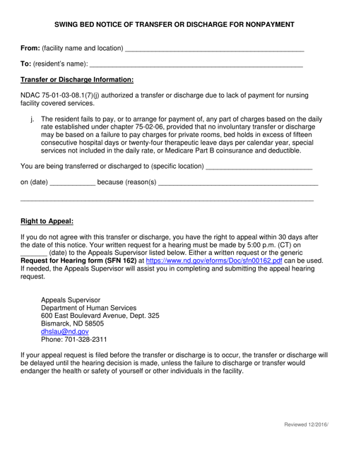 Swing Bed Notice of Transfer or Discharge for Nonpayment - North Dakota