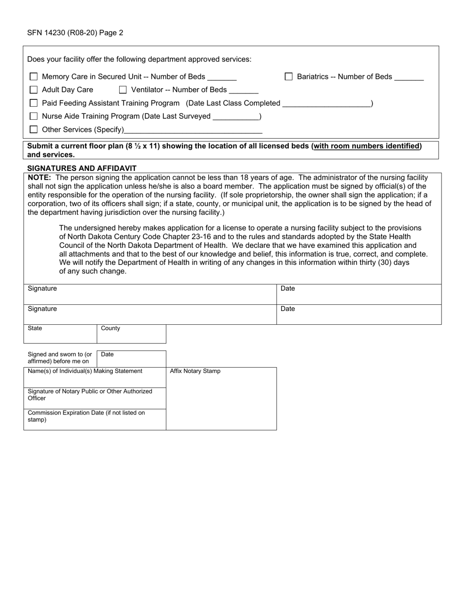 Form SFN14230 Application for License to Operate a Nursing Facility - North Dakota, Page 2