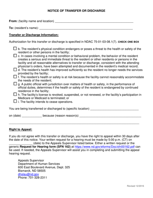 Notice of Transfer or Discharge - North Dakota