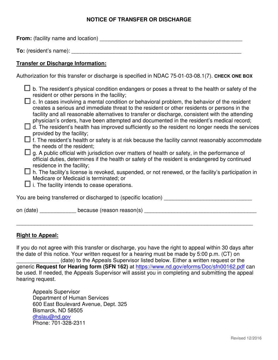 Notice of Transfer or Discharge - North Dakota, Page 1