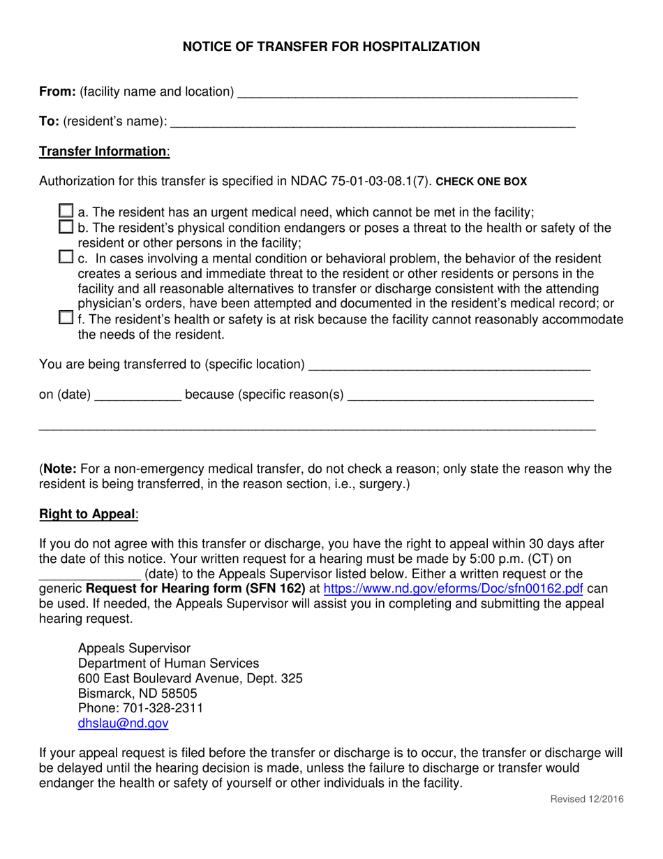 Notice of Transfer for Hospitalization - North Dakota, Page 1