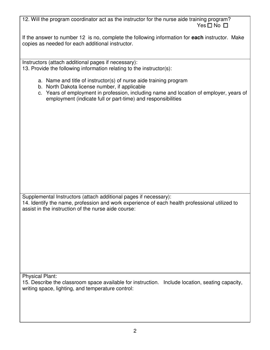 North Dakota Nurse Aide Training Program Application for Approval