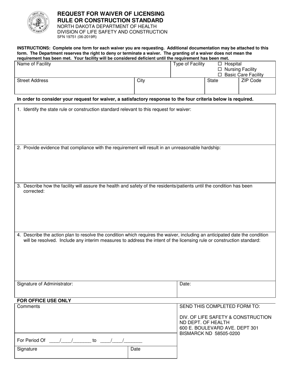 Form SFN19751 Request for Waiver of Licensing Rule or Construction Standard - North Dakota, Page 1