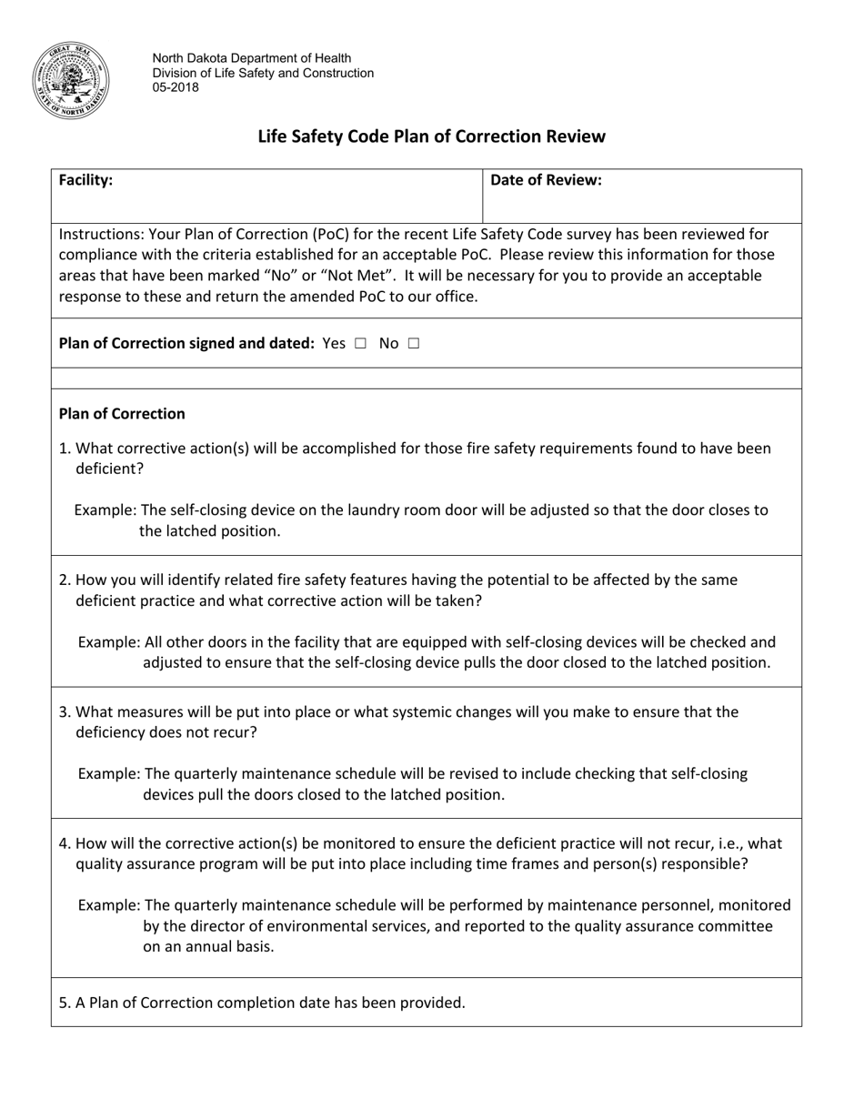 Life Safety Code Plan of Correction Review - North Dakota, Page 1