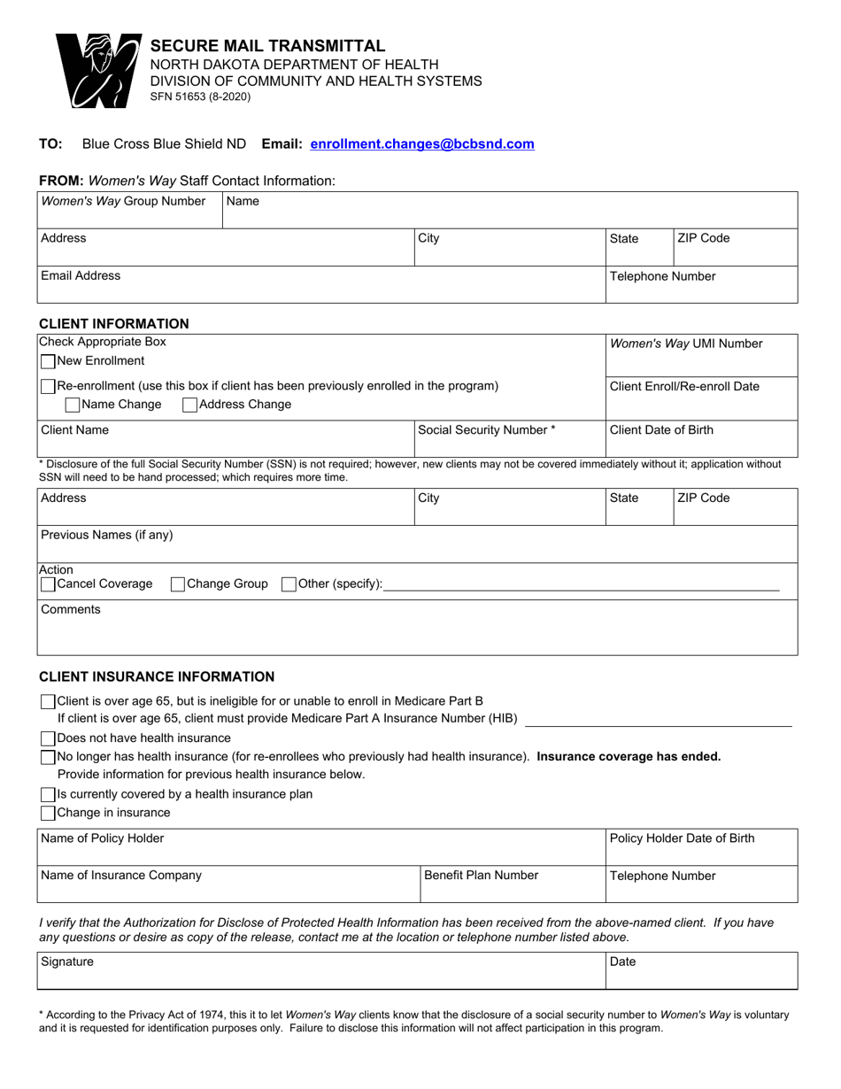 Form SFN51653 Secure Mail Transmittal - North Dakota, Page 1