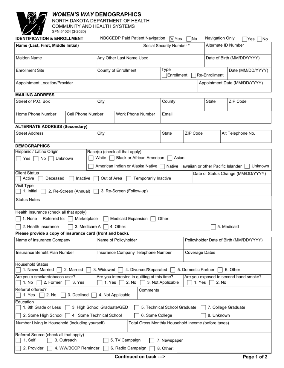 Form SFN54024 Womens Way Demographics - North Dakota, Page 1