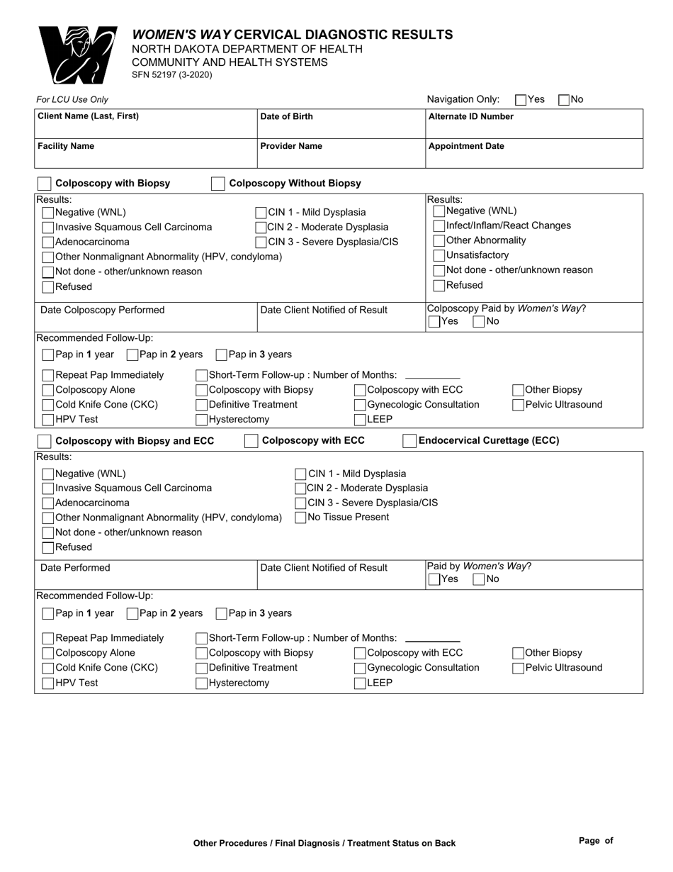 Form SFN52197 Womens Way Cervical Diagnostic Results - North Dakota, Page 1