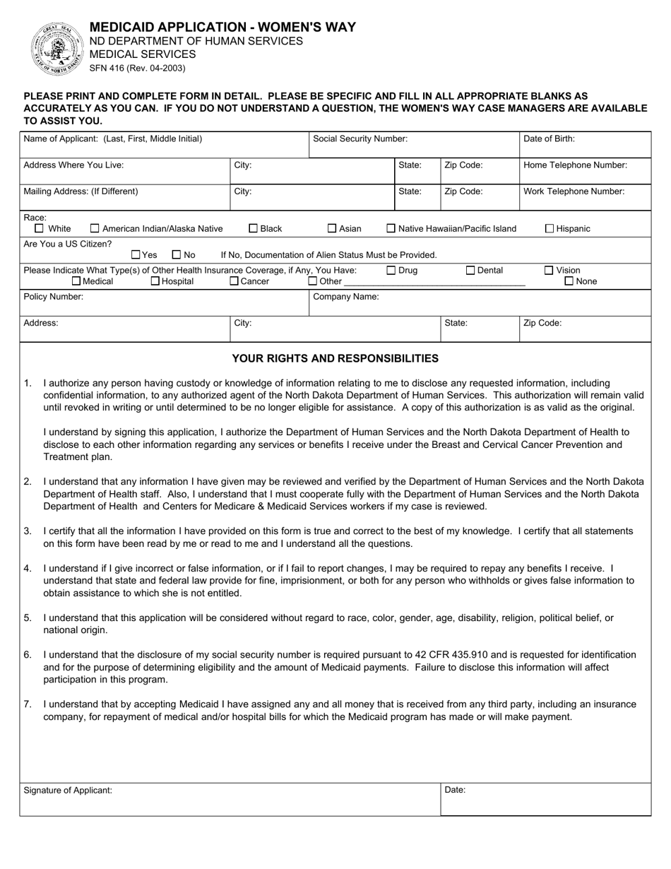 Form SFN416 Medicaid Application - Womens Way - North Dakota, Page 1