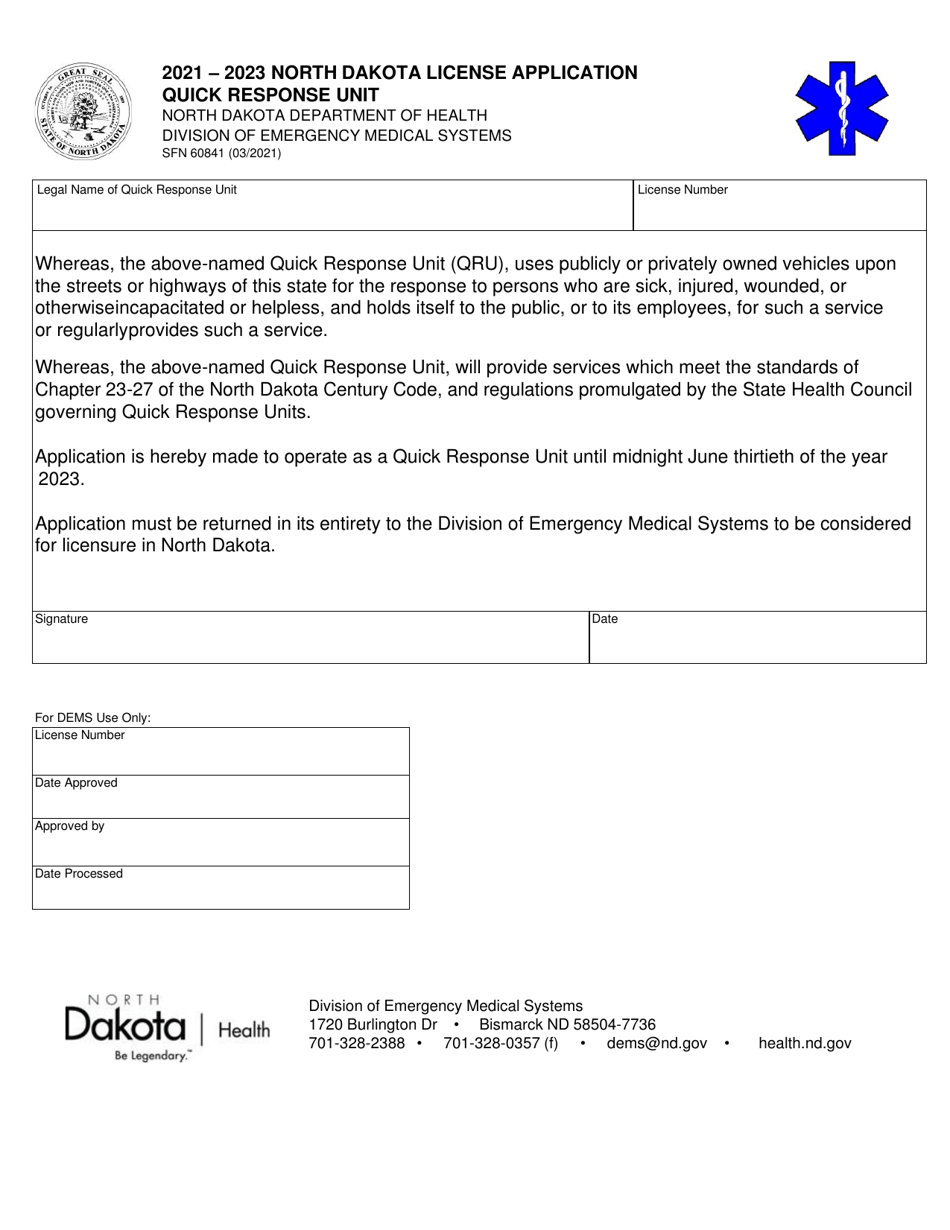 Form SFN60841 North Dakota License Application - Quick Response Unit - North Dakota, Page 1
