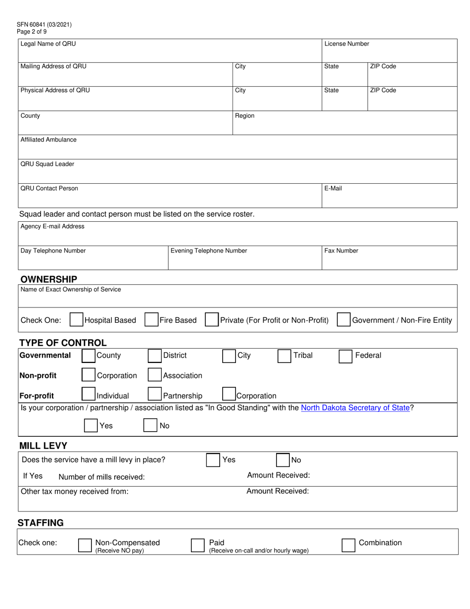 Form SFN60841 North Dakota License Application - Quick Response Unit - North Dakota, Page 2