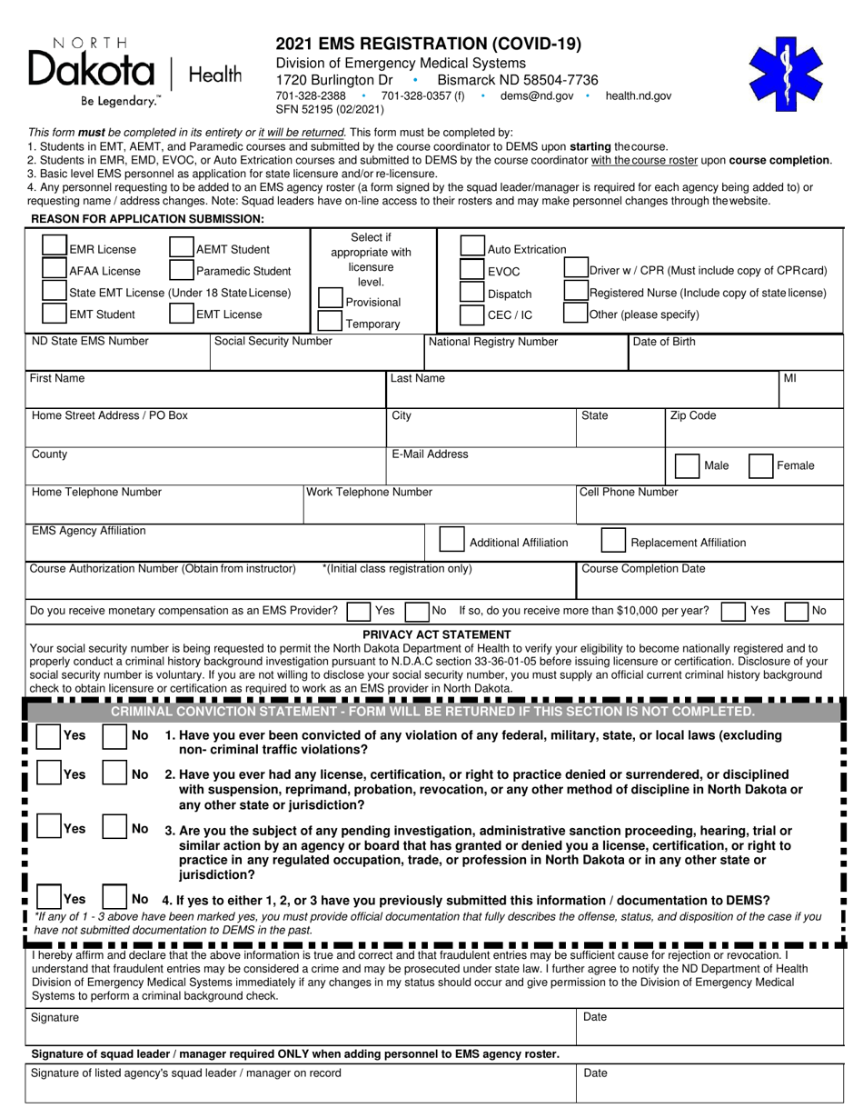 Form SFN52195 EMS Registration (Covid-19) - North Dakota, Page 1