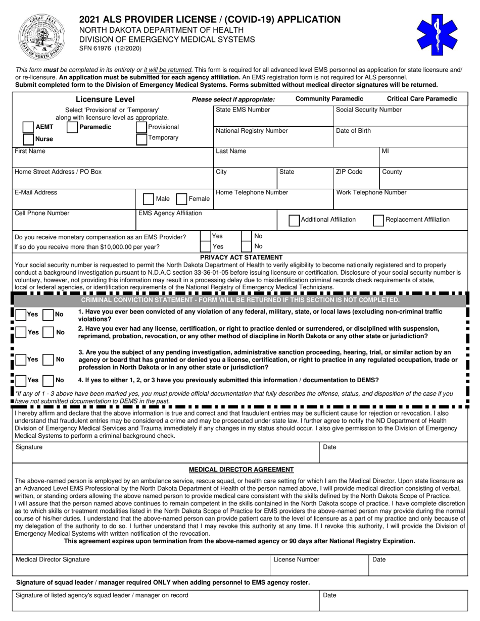 Form SFN61976 Als Provider License / (Covid-19) Application - North Dakota, Page 1