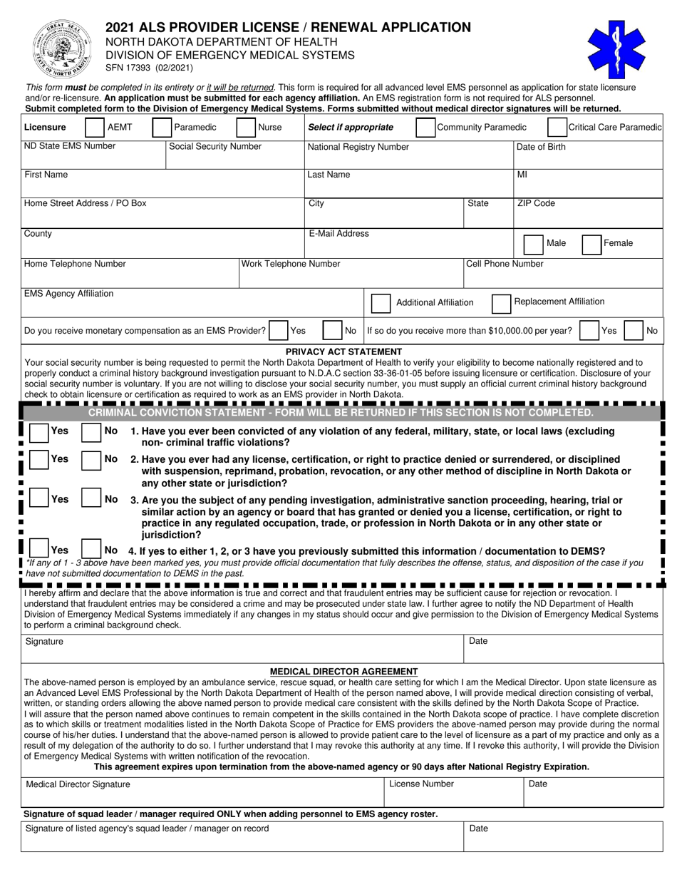 Form SFN17393 Als Provider License / Renewal Application - North Dakota, Page 1