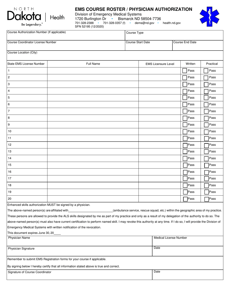 Form SFN52195 EMS Course Roster / Physician Authorization - North Dakota, Page 1