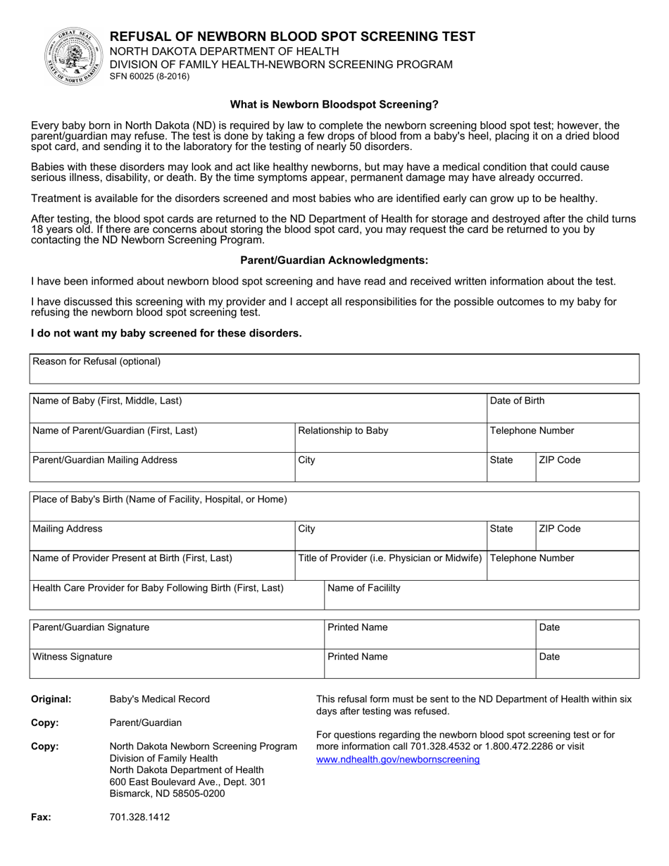 Form SFN60025 Download Fillable PDF Or Fill Online Refusal Of Newborn 