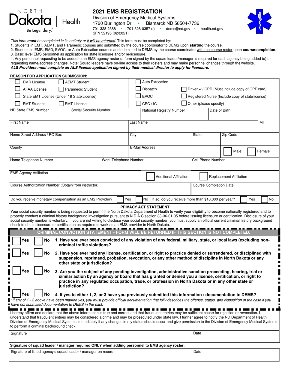 Form SFN52195 EMS Registration - North Dakota, Page 1