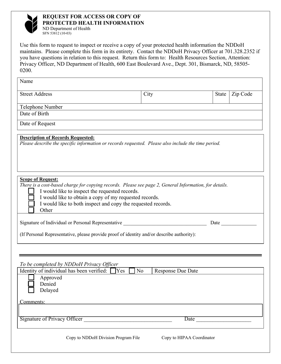 Form SFN53812 Request for Access or Copy of Protected Health Information - North Dakota, Page 1