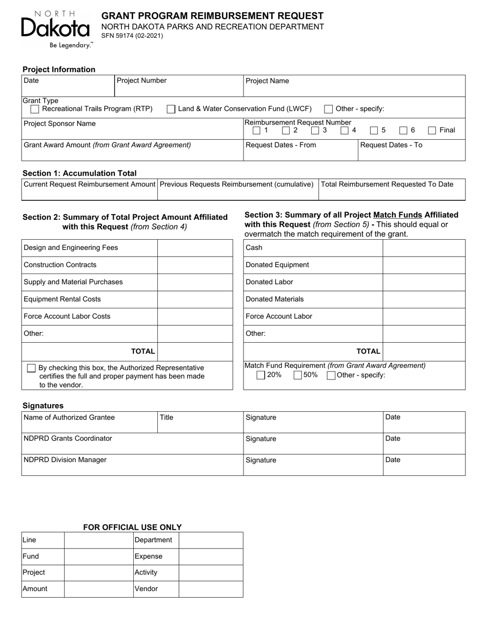 Form SFN59174 Grant Program Reimbursement Request - North Dakota, Page 1