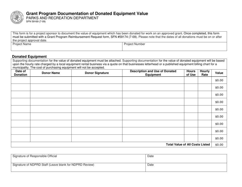 Form SFN59169 Grant Program Documentation of Donated Equipment Value - North Dakota, Page 1