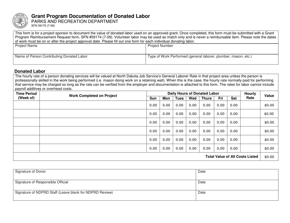 Form SFN59170 Grant Program Documentation of Donated Labor - North Dakota, Page 1