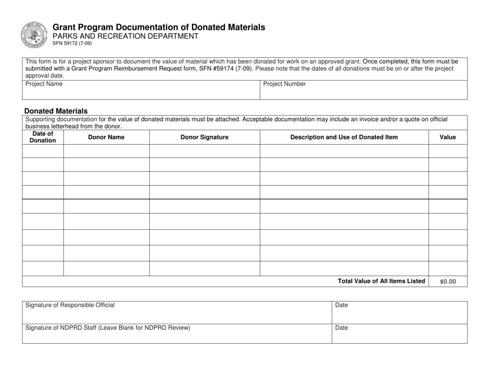 Form SFN59172 Grant Program Documentation of Donated Materials - North Dakota, Page 1