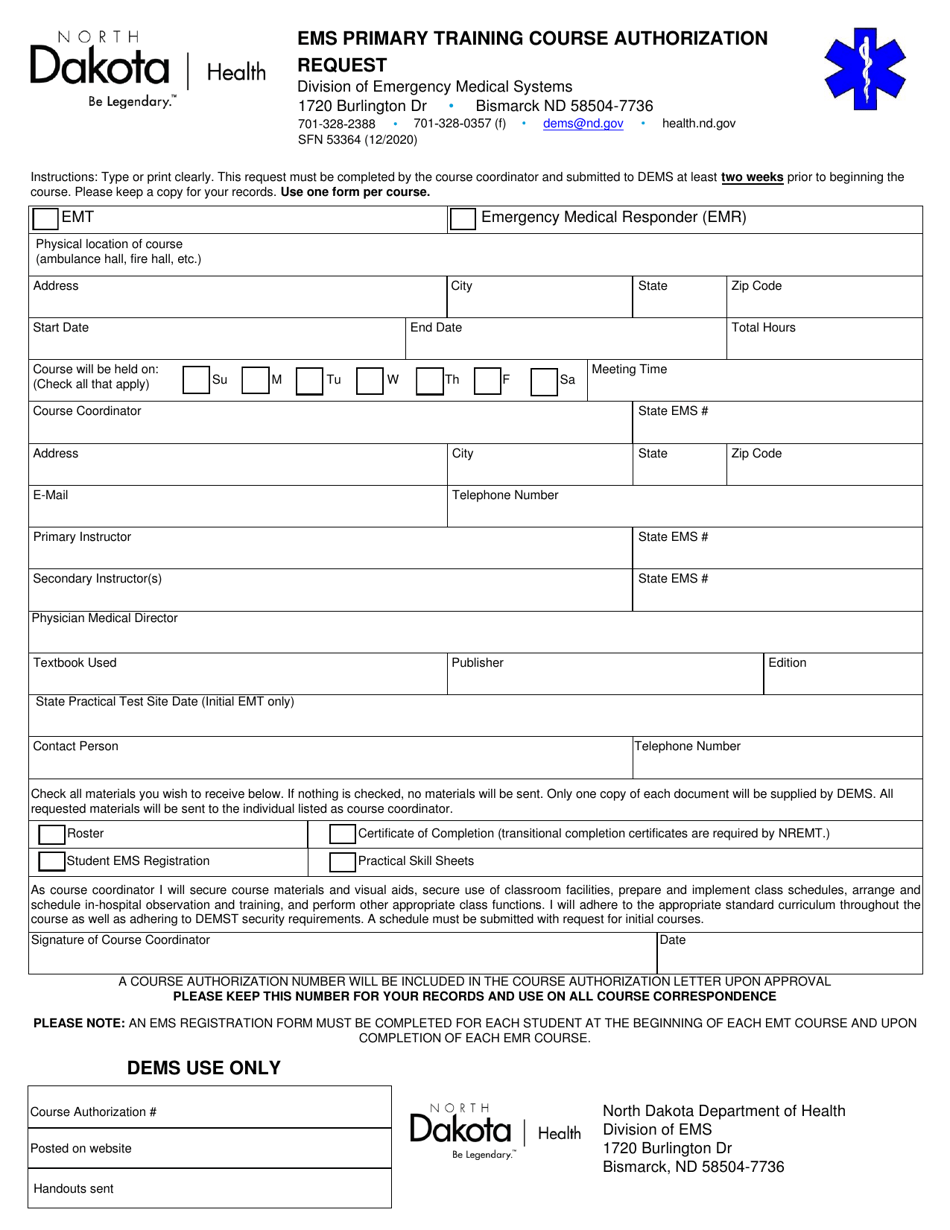 Form SFN53364 EMS Primary Training Course Authorization Request - North Dakota, Page 1