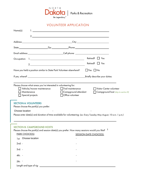 "Volunteer Application" - North Dakota Download Pdf