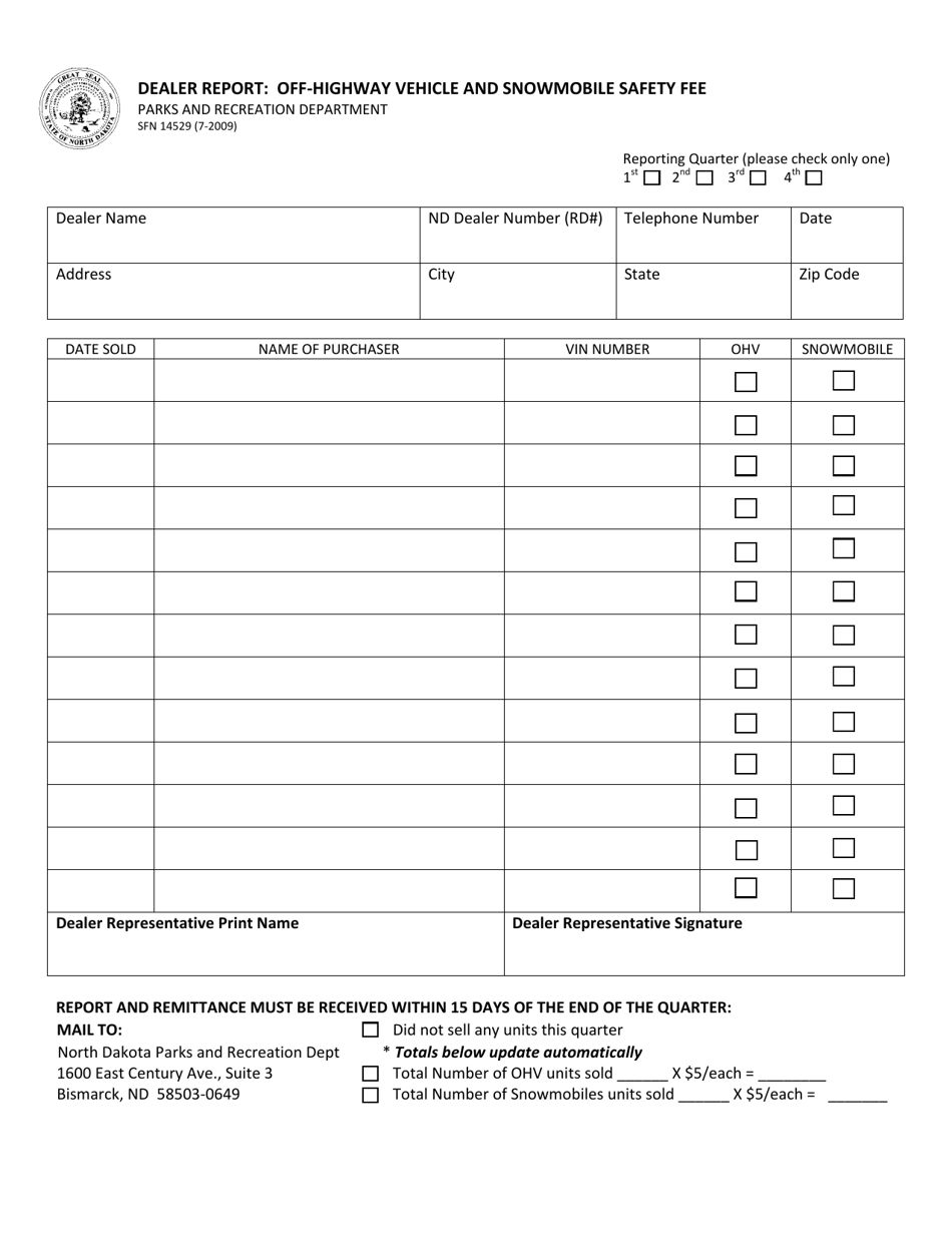 Form SFN14529 Dealer Report: Off-Highway Vehicle and Snowmobile Safety Fee - North Dakota, Page 1