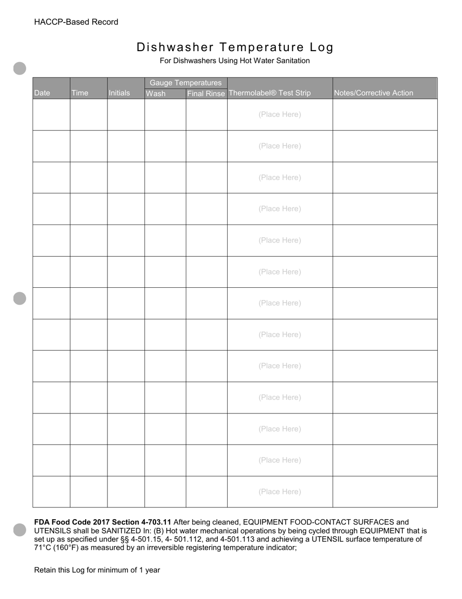 North Dakota Dishwasher Temperature Log for Dishwashers Using Hot Water