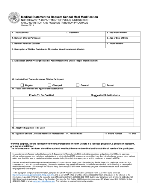 Medical Statement to Request School Meal Modification - North Dakota Download Pdf