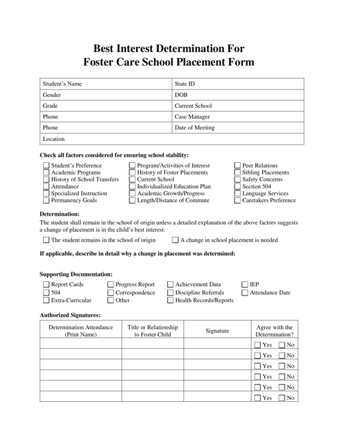 Best Interest Determination for Foster Care School Placement Form - North Dakota Download Pdf