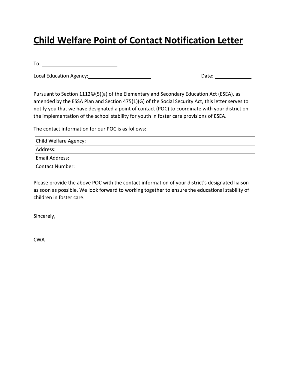 Child Welfare Point of Contact Notification Letter - North Dakota, Page 1