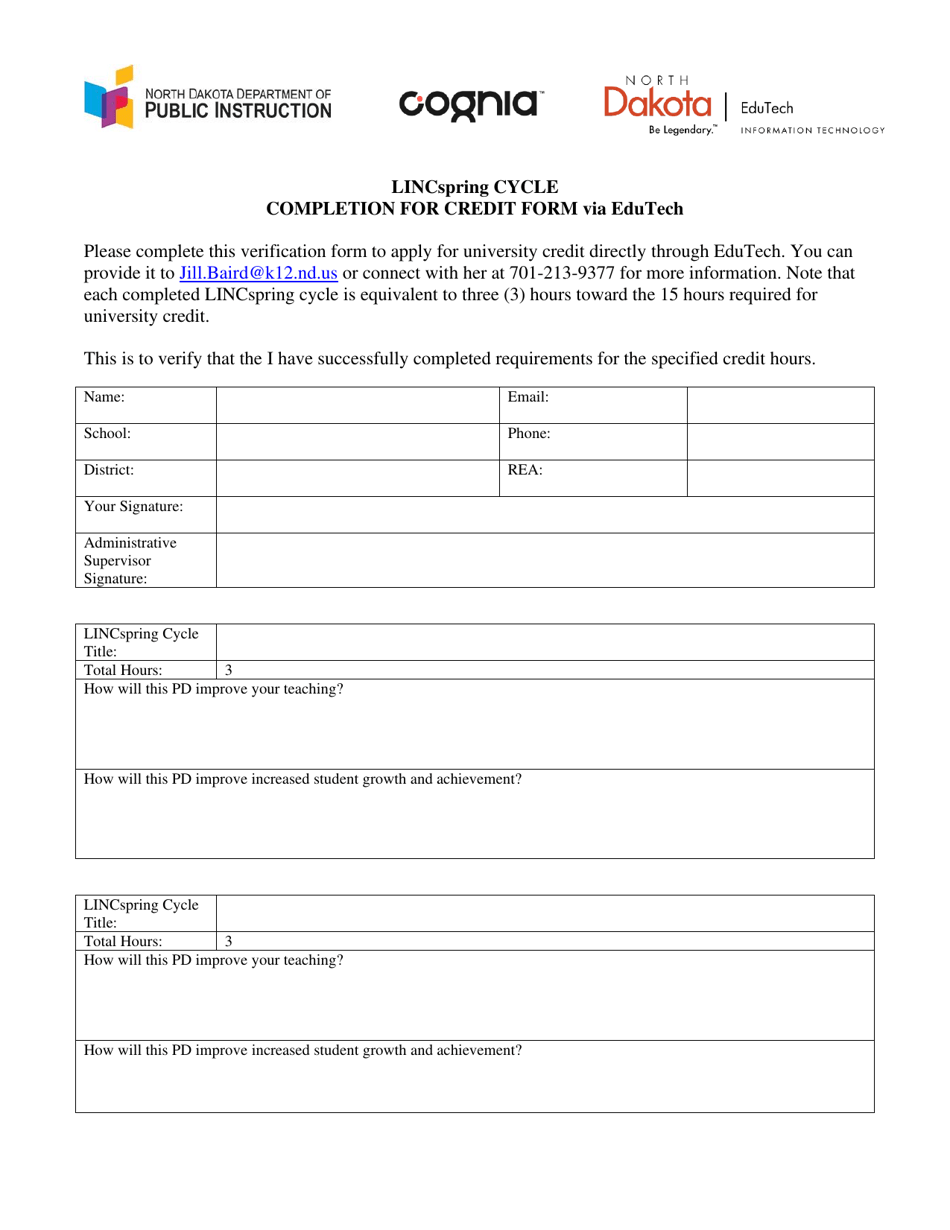 Lincspring Cycle Completion for Credit Form via Edutech - North Dakota, Page 1