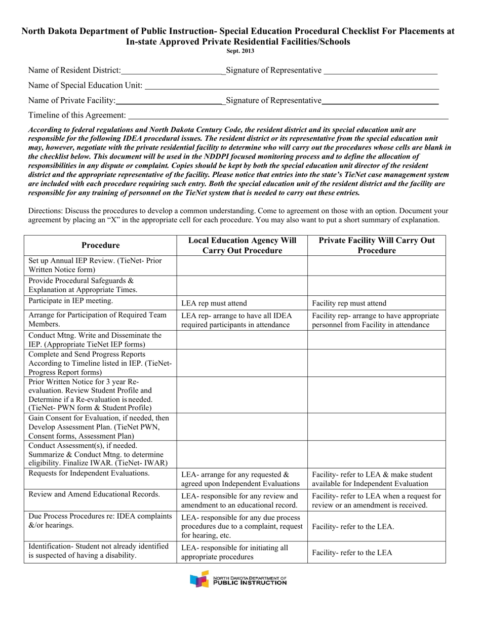 Special Education Procedural Checklist for Placements at in-State Approved Private Residential Facilities / Schools - North Dakota, Page 1