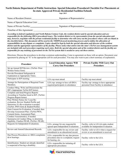 Special Education Procedural Checklist for Placements at in-State Approved Private Residential Facilities / Schools - North Dakota Download Pdf
