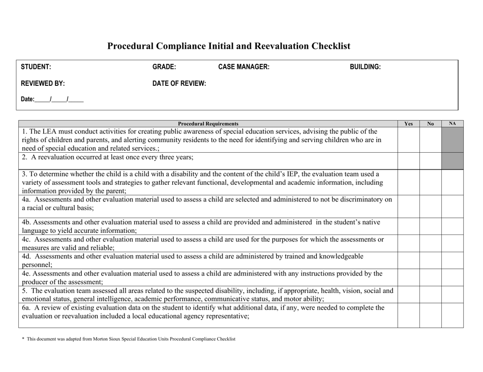 Procedural Compliance Initial and Reevaluation Checklist - North Dakota, Page 1