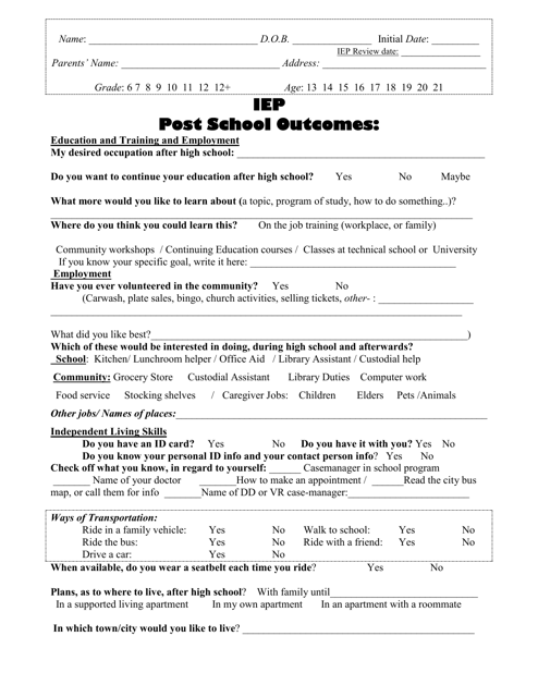 Iep Post School Outcomes Student Questionnaire - North Dakota Download Pdf