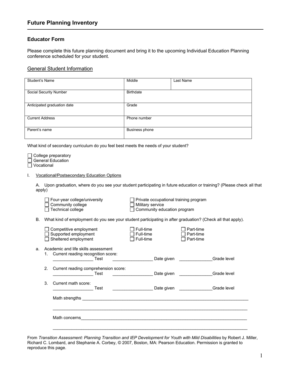 Future Planning Inventory - North Dakota, Page 1