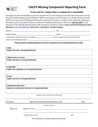 Document preview: CACFP Missing Component Reporting Form - North Dakota