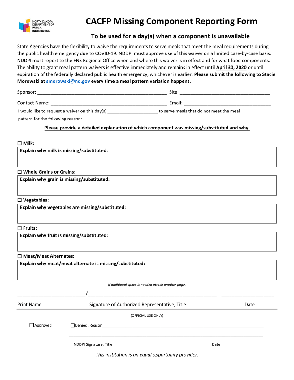 CACFP Missing Component Reporting Form - North Dakota, Page 1
