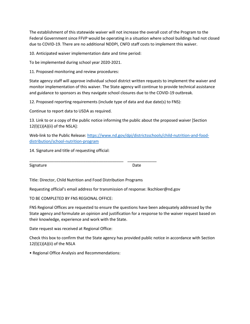 State Waiver Request to Allow Parent / Guardian Pick up for the Ffvp - North Dakota, Page 3