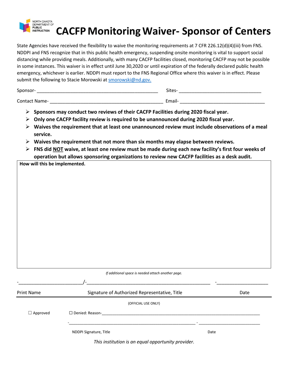 CACFP Monitoring Waiver - Sponsor of Centers - North Dakota, Page 1