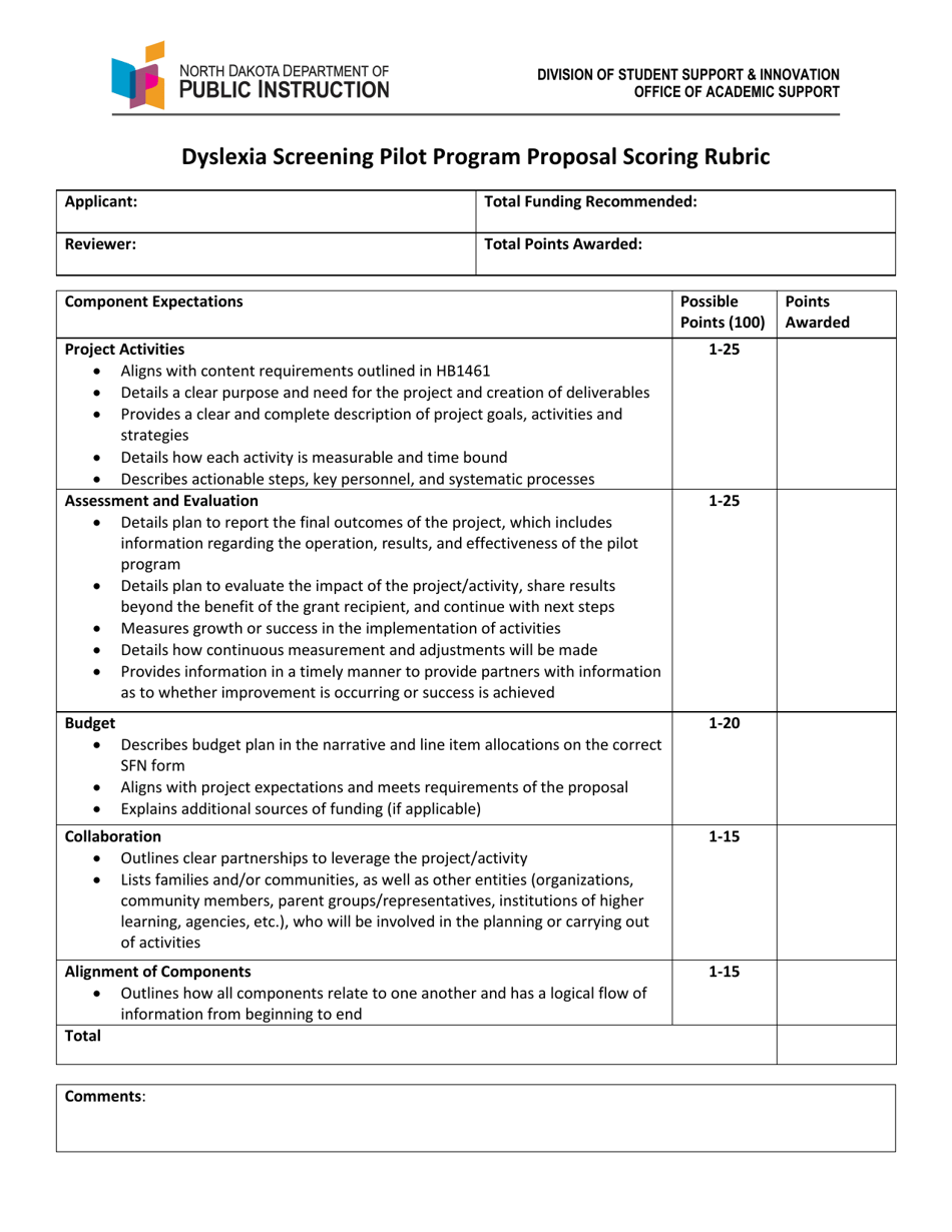 Dyslexia Screening Pilot Program Proposal Scoring Rubric - North Dakota, Page 1