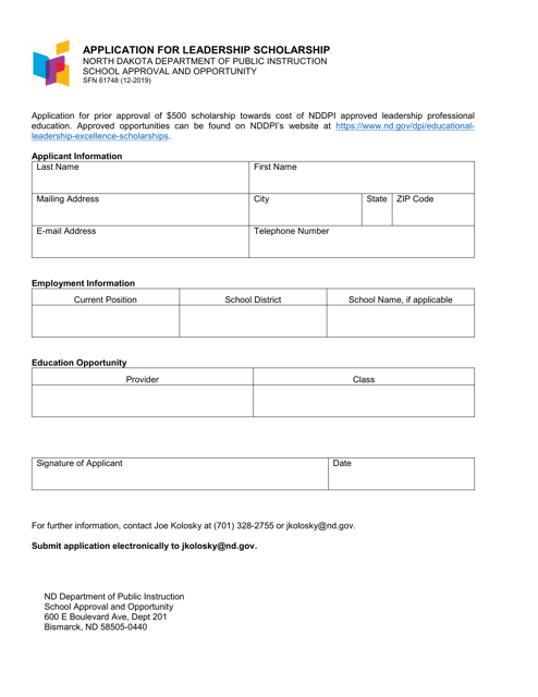 Form SFN61748 Application for Leadership Scholarship - North Dakota