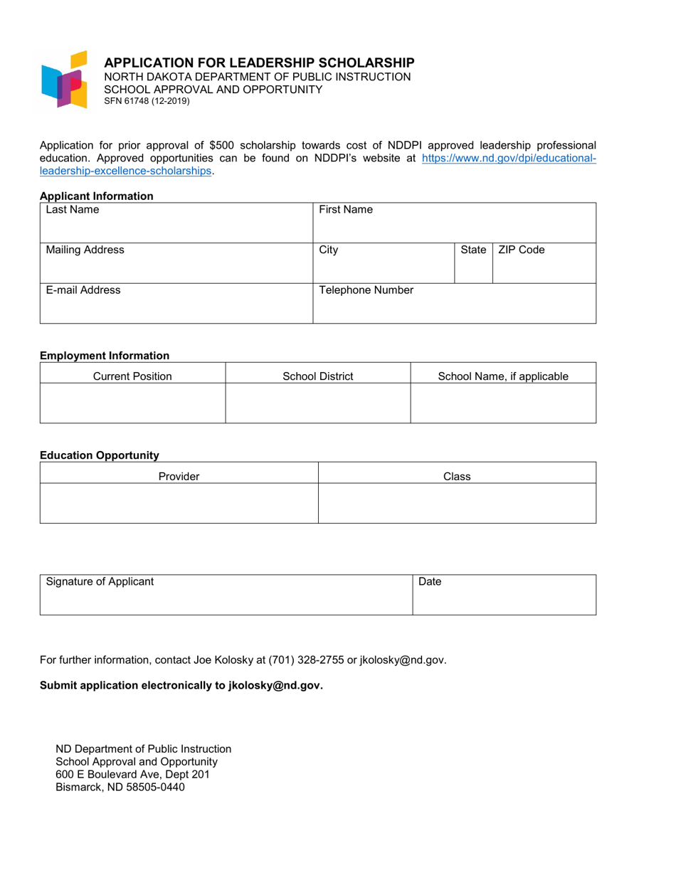 Form SFN61748 Application for Leadership Scholarship - North Dakota, Page 1