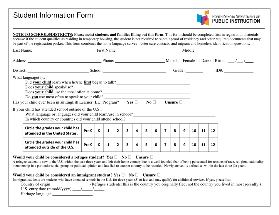 Student Information Form - North Dakota, Page 1