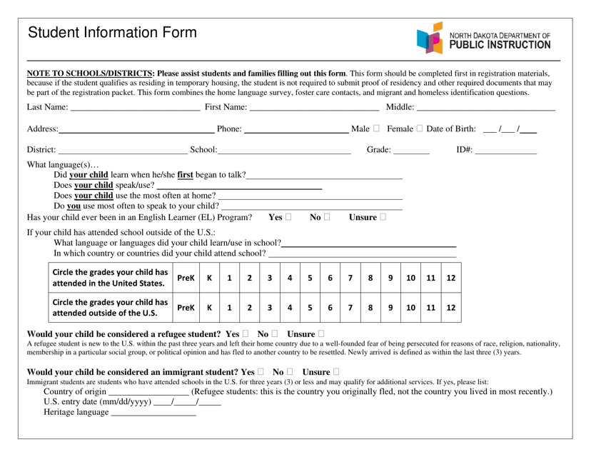 Student Information Form - North Dakota Download Pdf