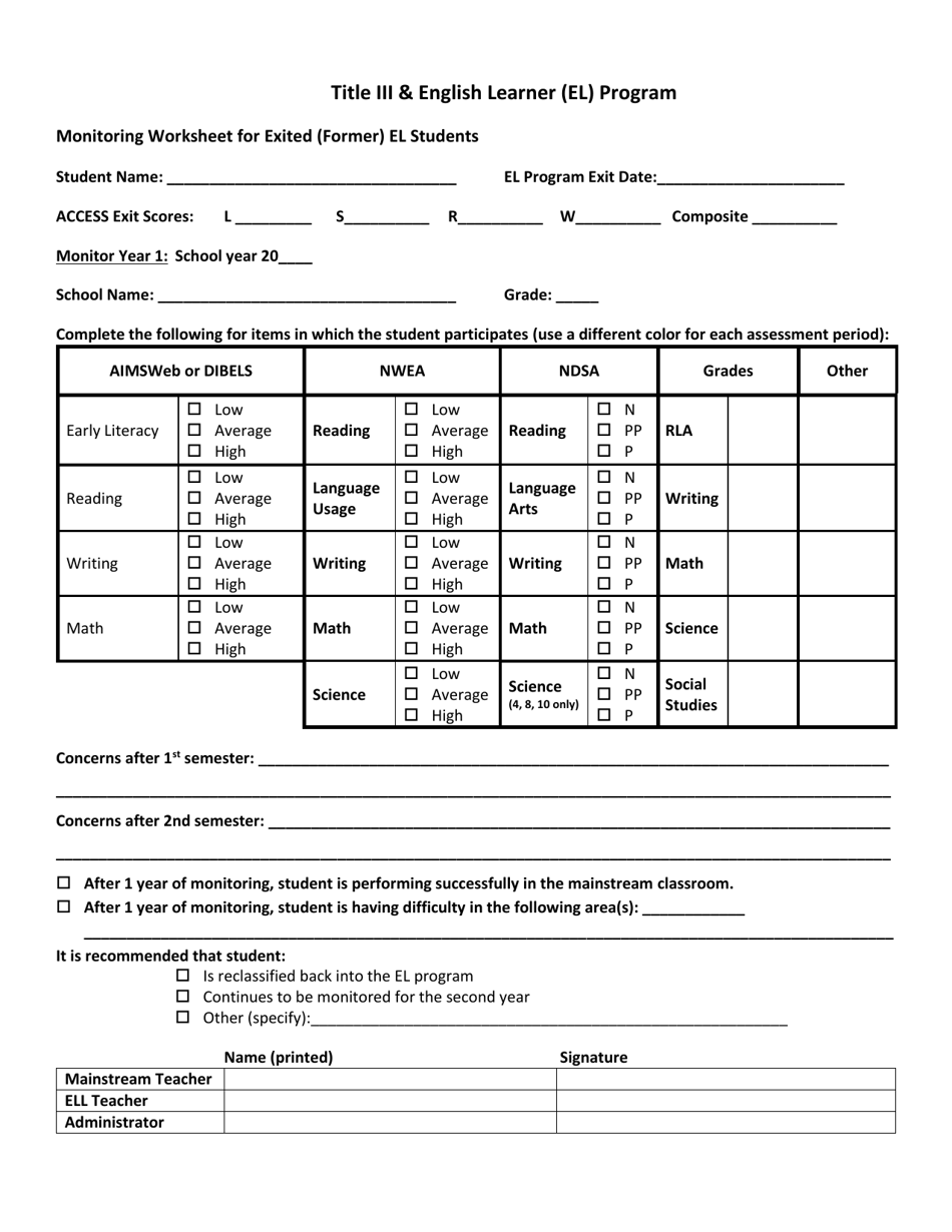 Monitoring Worksheet for Exited (Former) El Students - Title Iii  English Learner (El) Program - North Dakota, Page 1